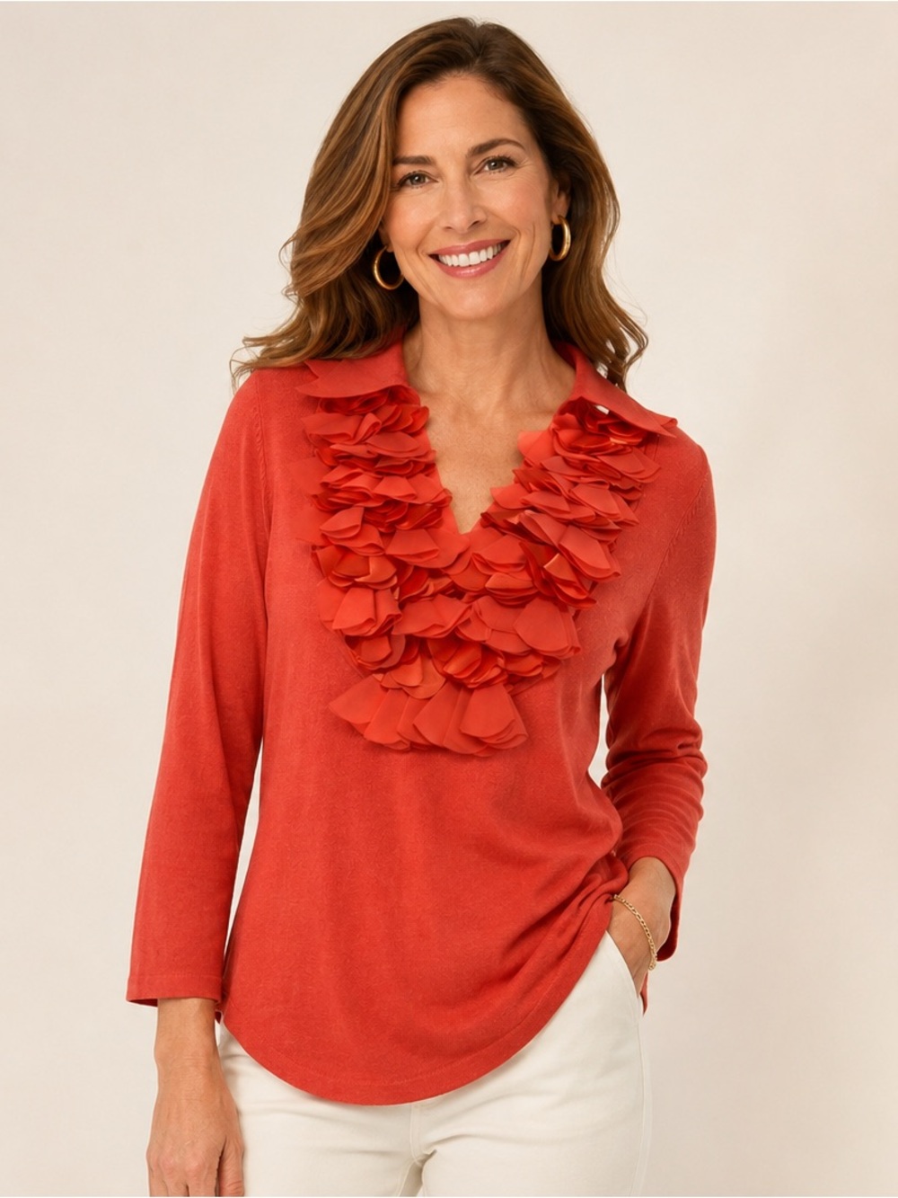 Dolce Cabo Coral Ruffle Blouse L Boutique Statement V Neck Long Sleeve Top